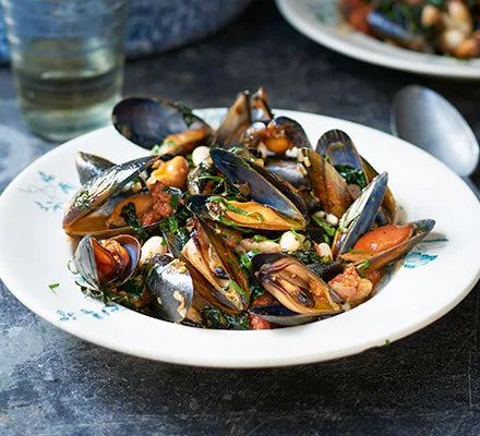 Mussels with chorizo, beans & cavolo nero